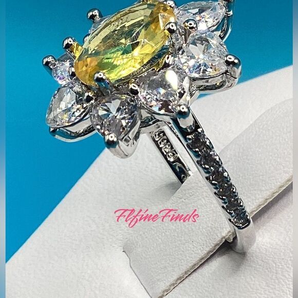 🌻 Sterling Silver Sparkling Canary Yellow Cz Diamond Sunflower Ring - Picture 5 of 16